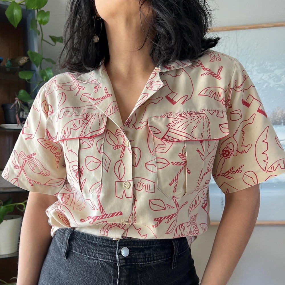 Vtg Button Up Shirt Abstract Animal Print Blouse Art Top Cream Red Indie Medium